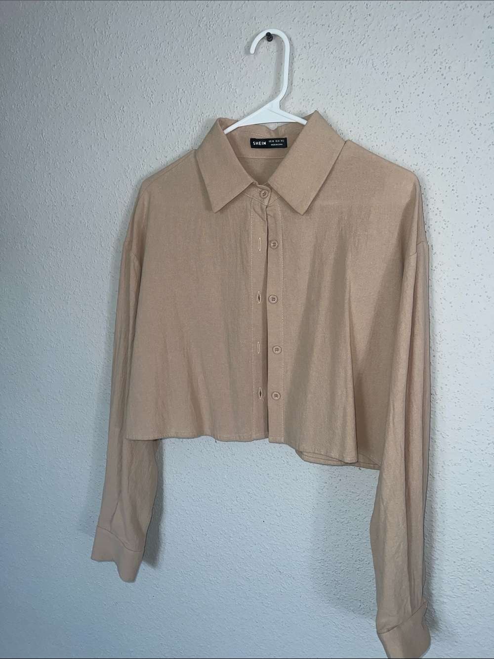SHEIN Cropped Button-Front Shirt Jacket in Tan Beige